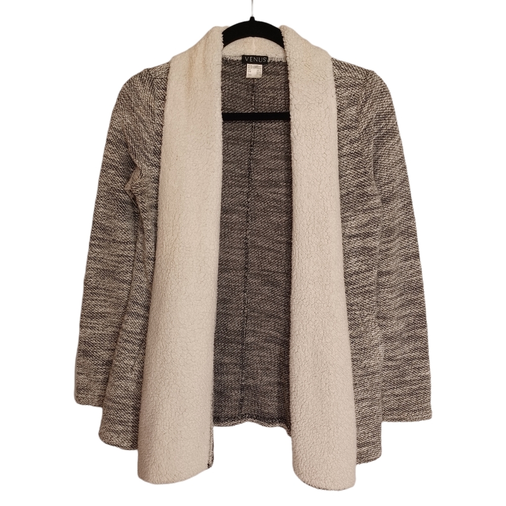 VENUS Fleece Lined Gray Ivory Marled Print Long Sleeve Open Cardigan Shawl M
